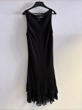 Sleeveless Black Midi Dress with Beaded Tiered Hem